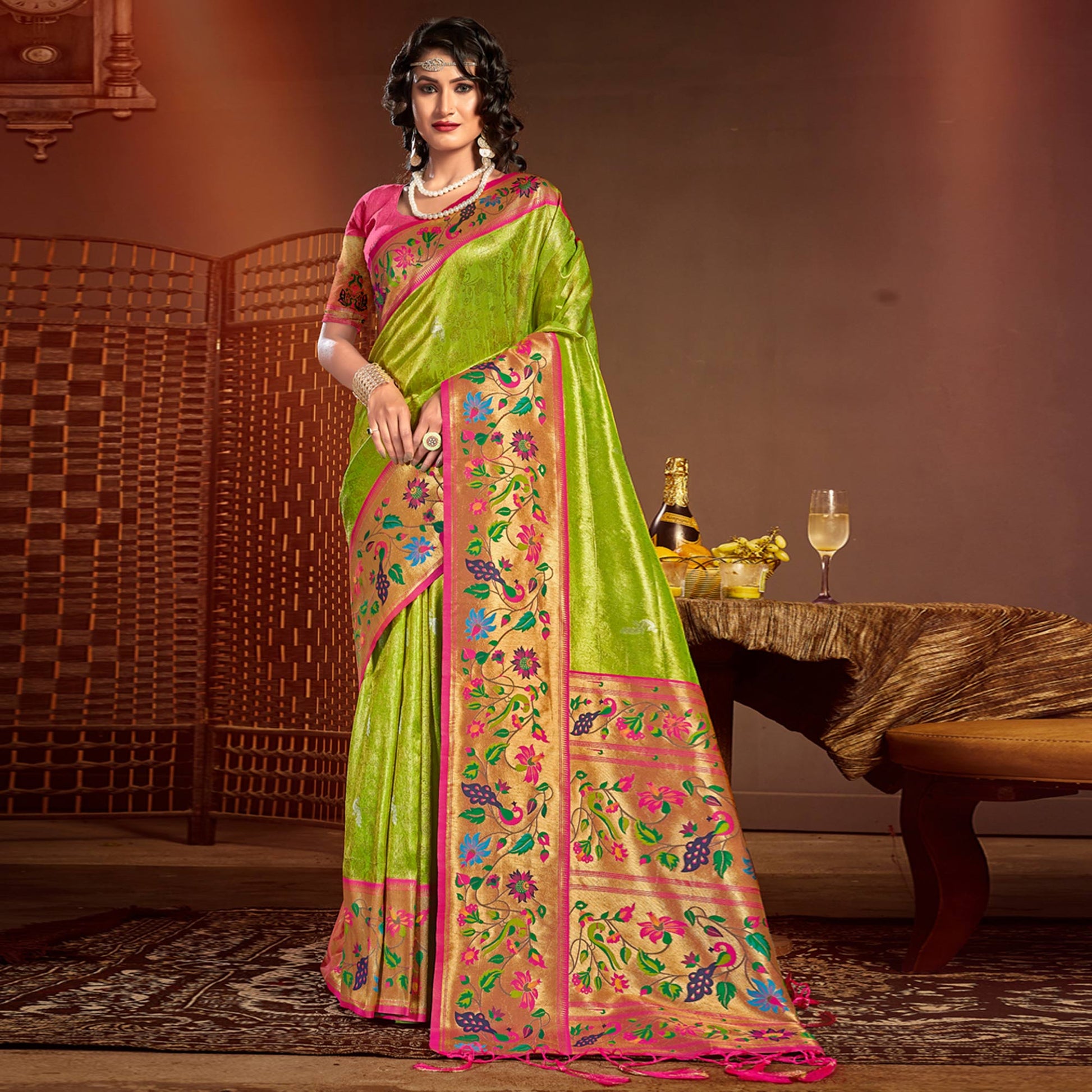 green-woven-raw-silk-paithani-saree-with-tassels