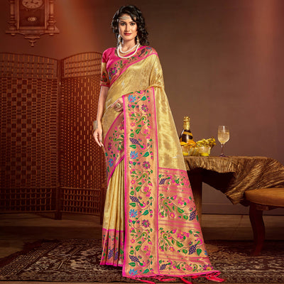 Cream Woven Raw Silk Paithani Saree With Tassels