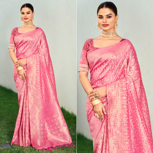 Light Pink Floral Woven Cotton Blend Saree With Tassels