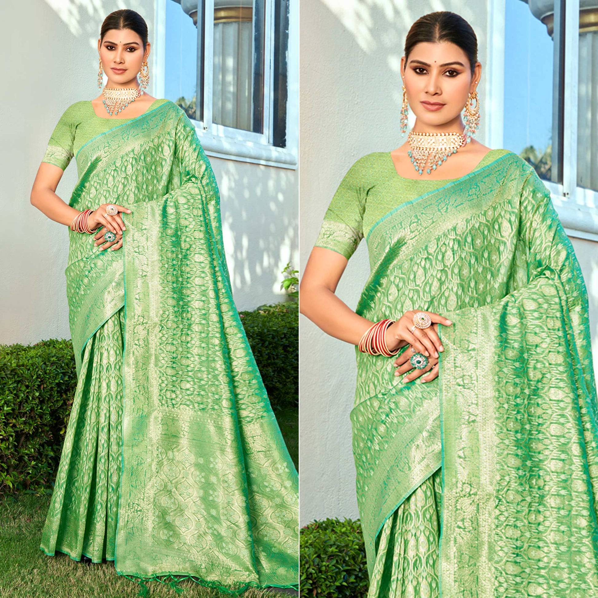 13green-floral-woven-cotton-blend-saree-with-tassels