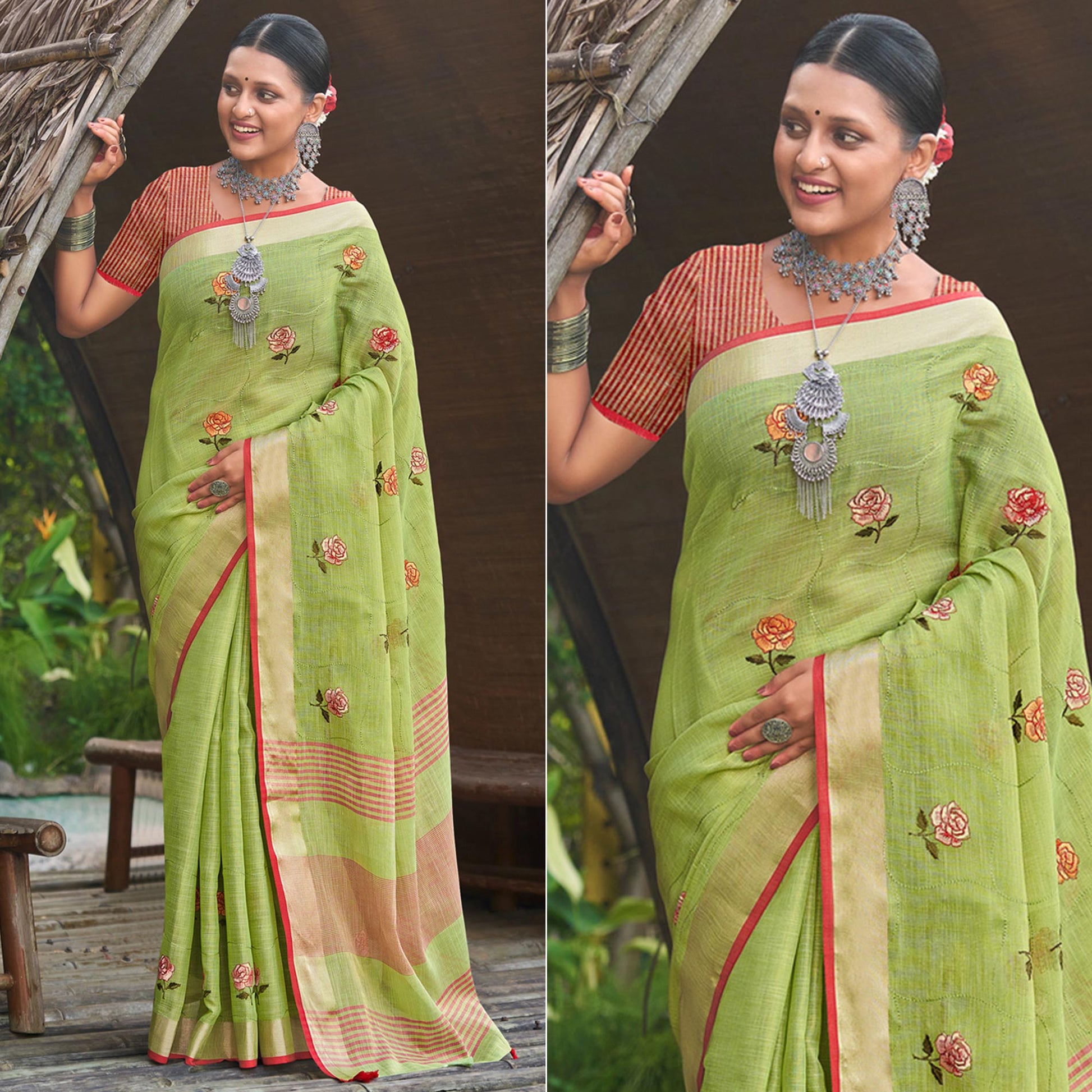 green-floral-embroidered-linen-saree-with-tassels-2