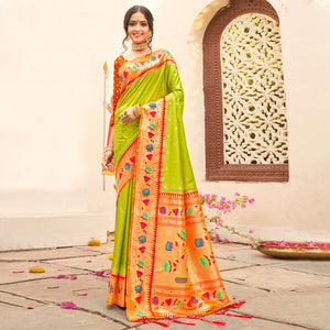 green-floral-woven-banarasi-silk-saree-with-tassels