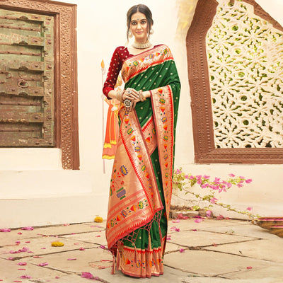 green-floral-woven-banarasi-silk-saree-with-tassels-1