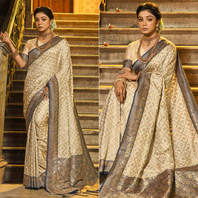 Cream & Blue Floral Woven Banarasi Silk Saree With Tassels