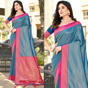 Blue Woven Banarasi Silk Saree With Tassels