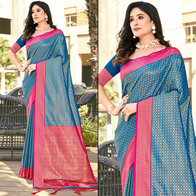 Blue Woven Banarasi Silk Saree With Tassels