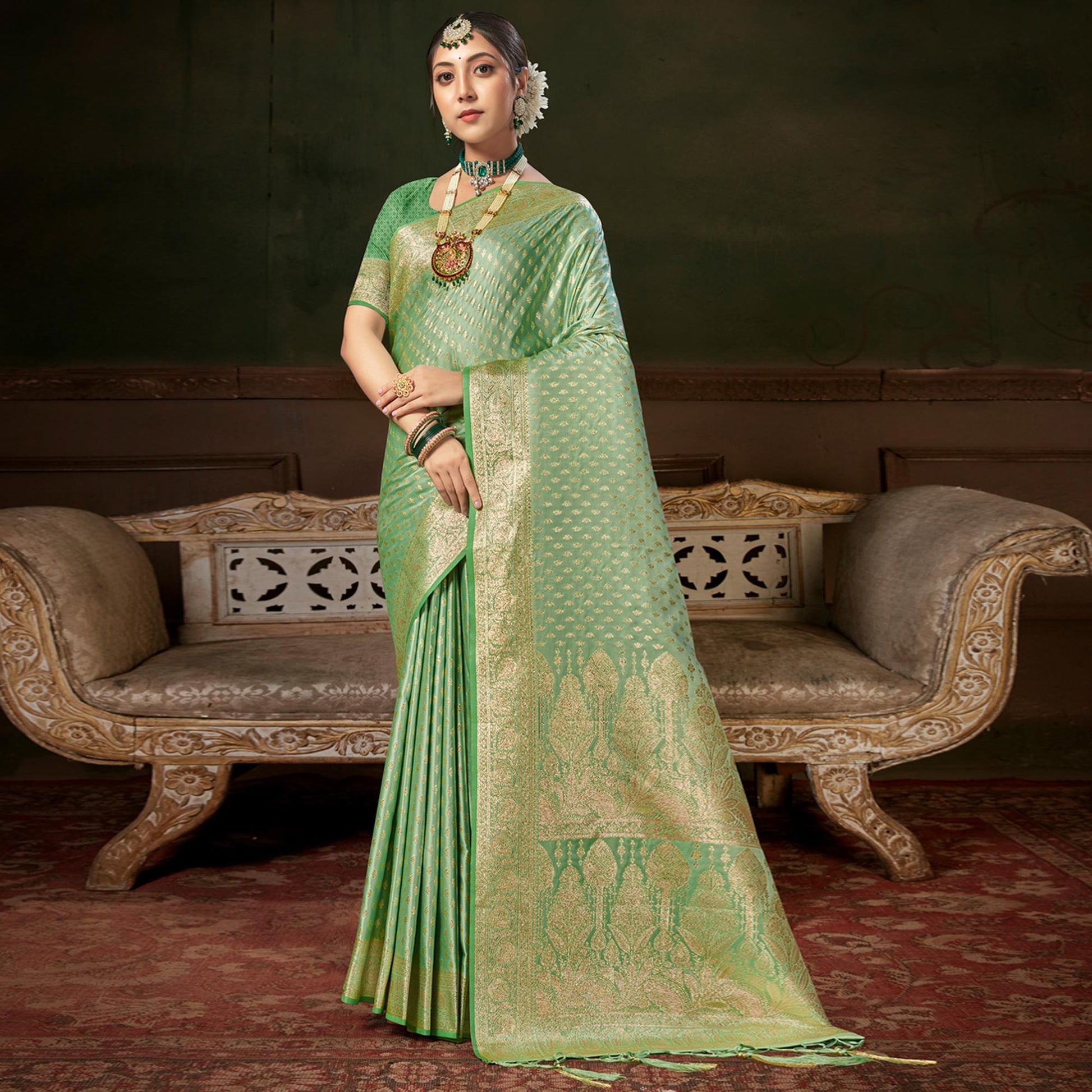 green-woven-banarasi-silk-saree-with-tassels-7
