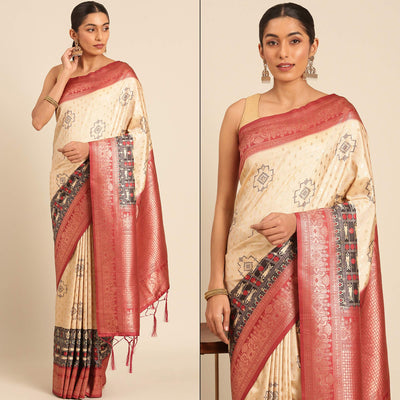 Cream Woven Banarasi Silk Saree With Tassels
