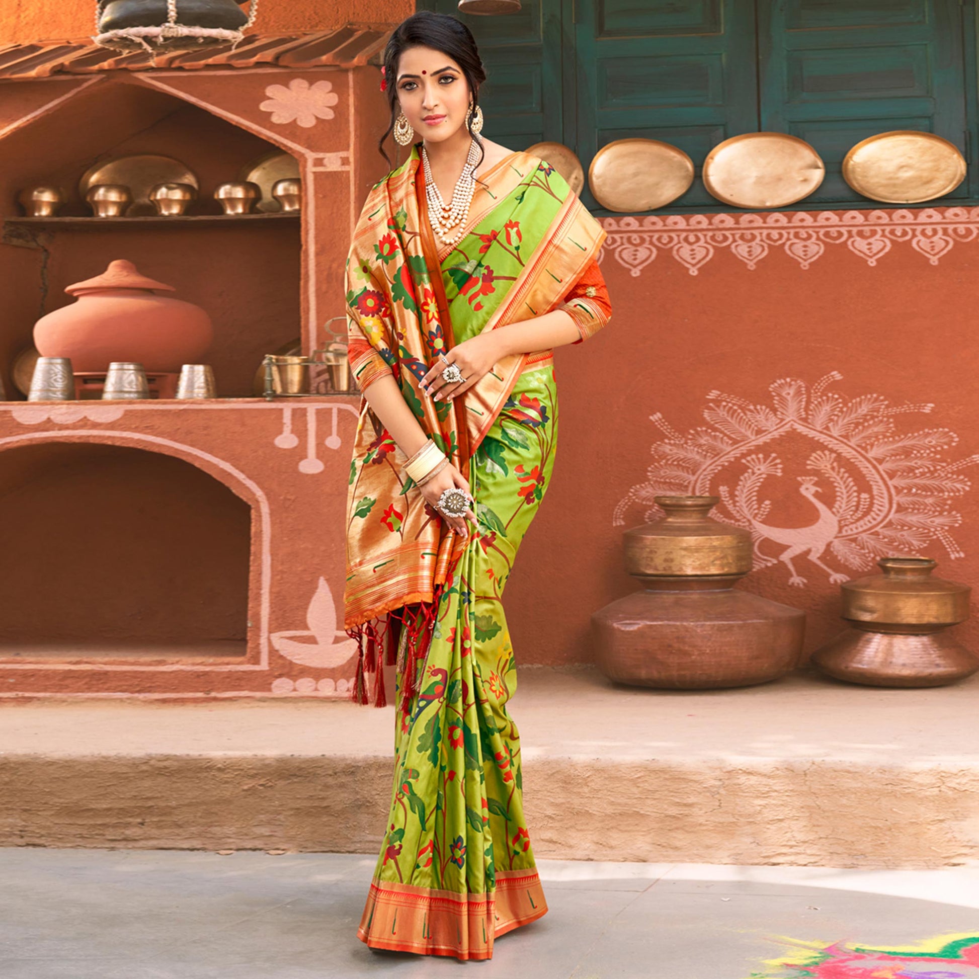 green-floral-woven-banarasi-silk-saree-with-tassels-2