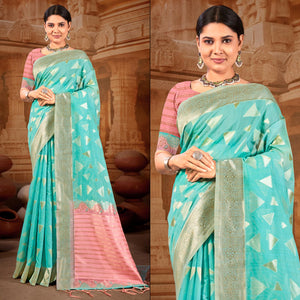 Blue Woven Linen Saree With Tassels