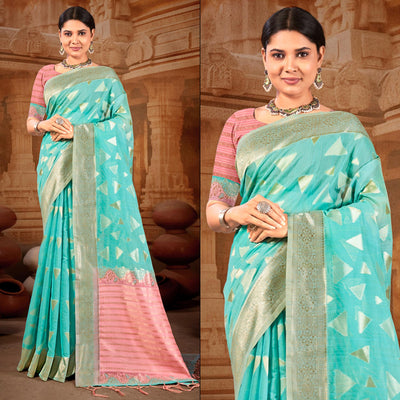 Blue Woven Linen Saree With Tassels