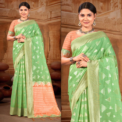 green-woven-linen-saree-with-tassels-1