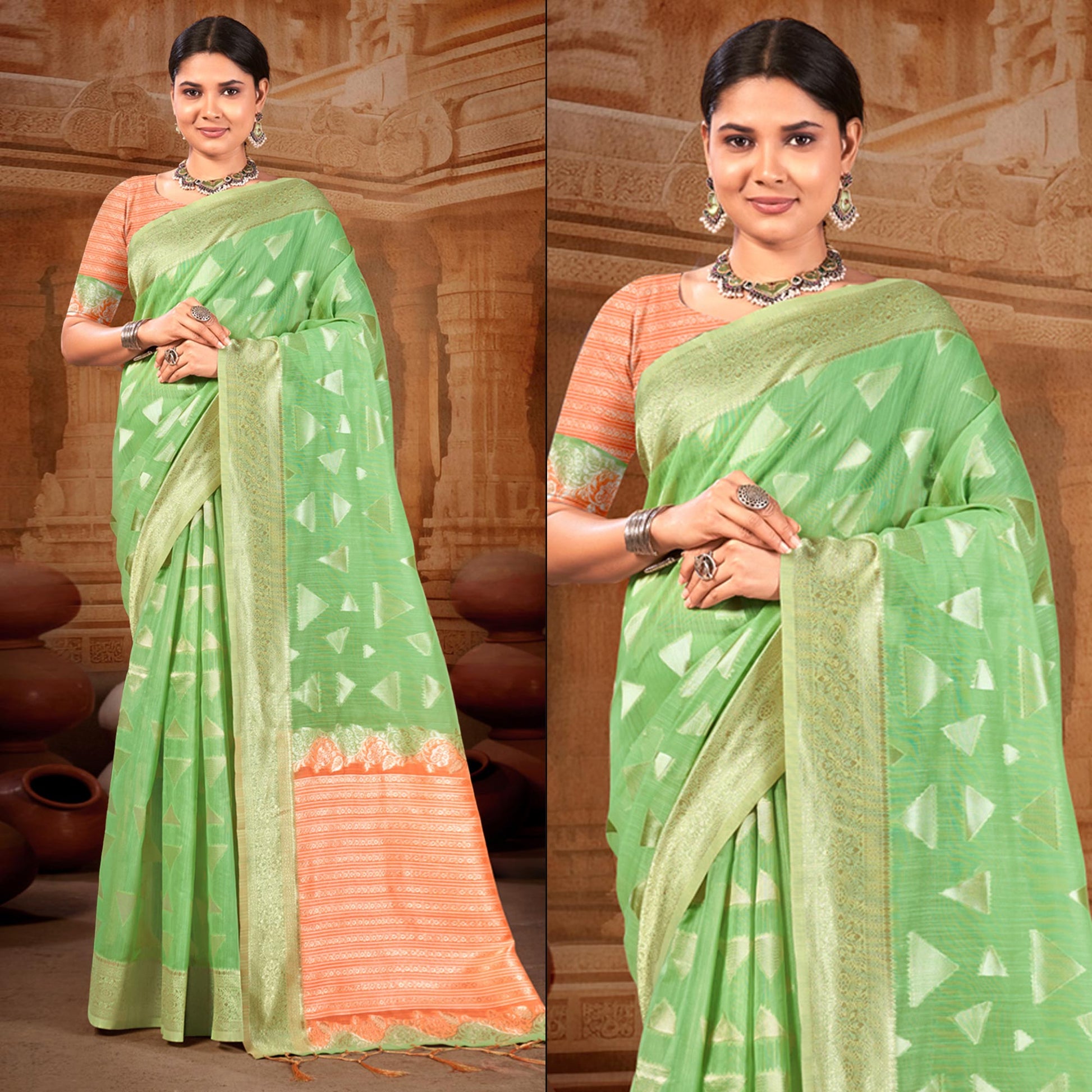 green-woven-linen-saree-with-tassels-1