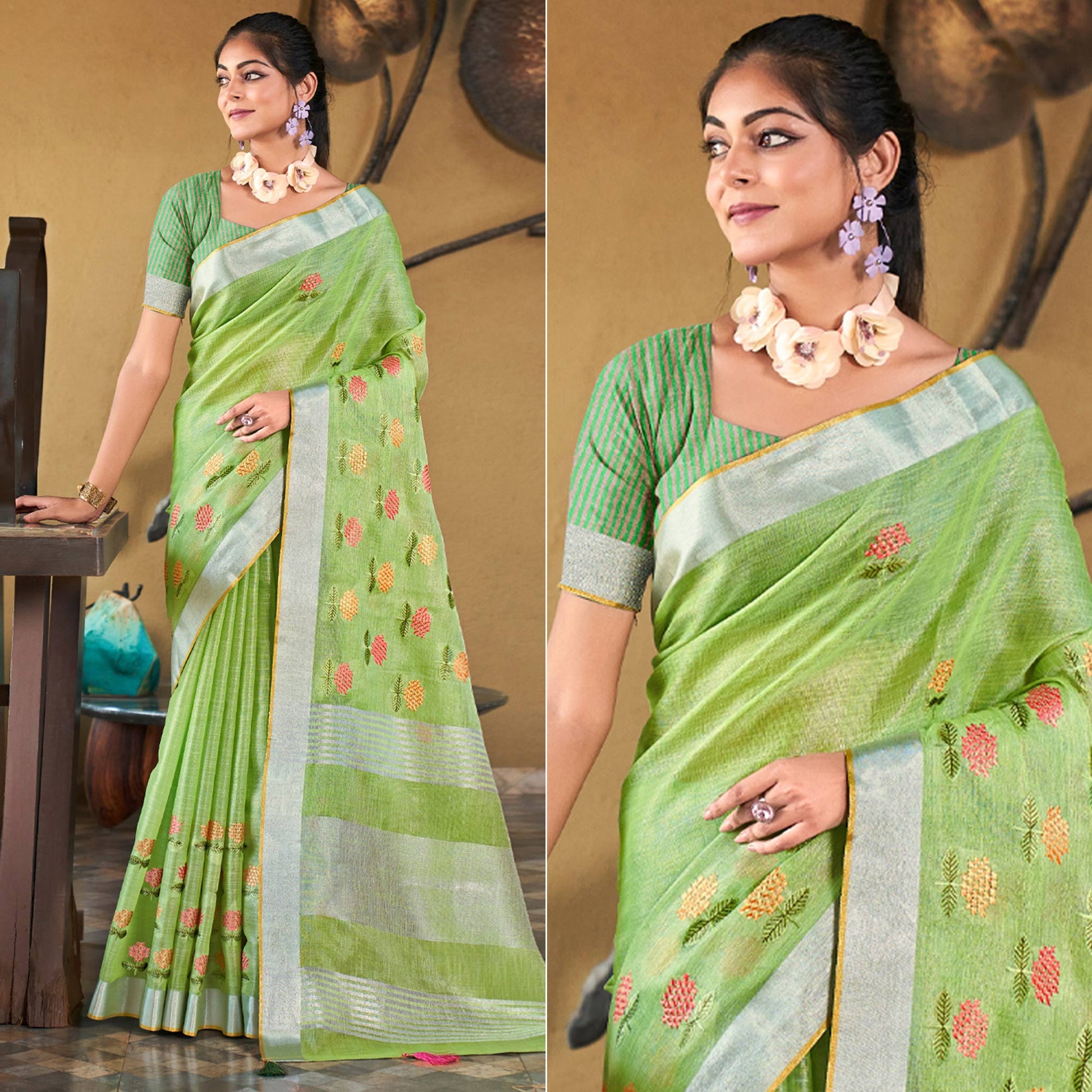 green-floral-embroidered-linen-saree-with-tassels-3