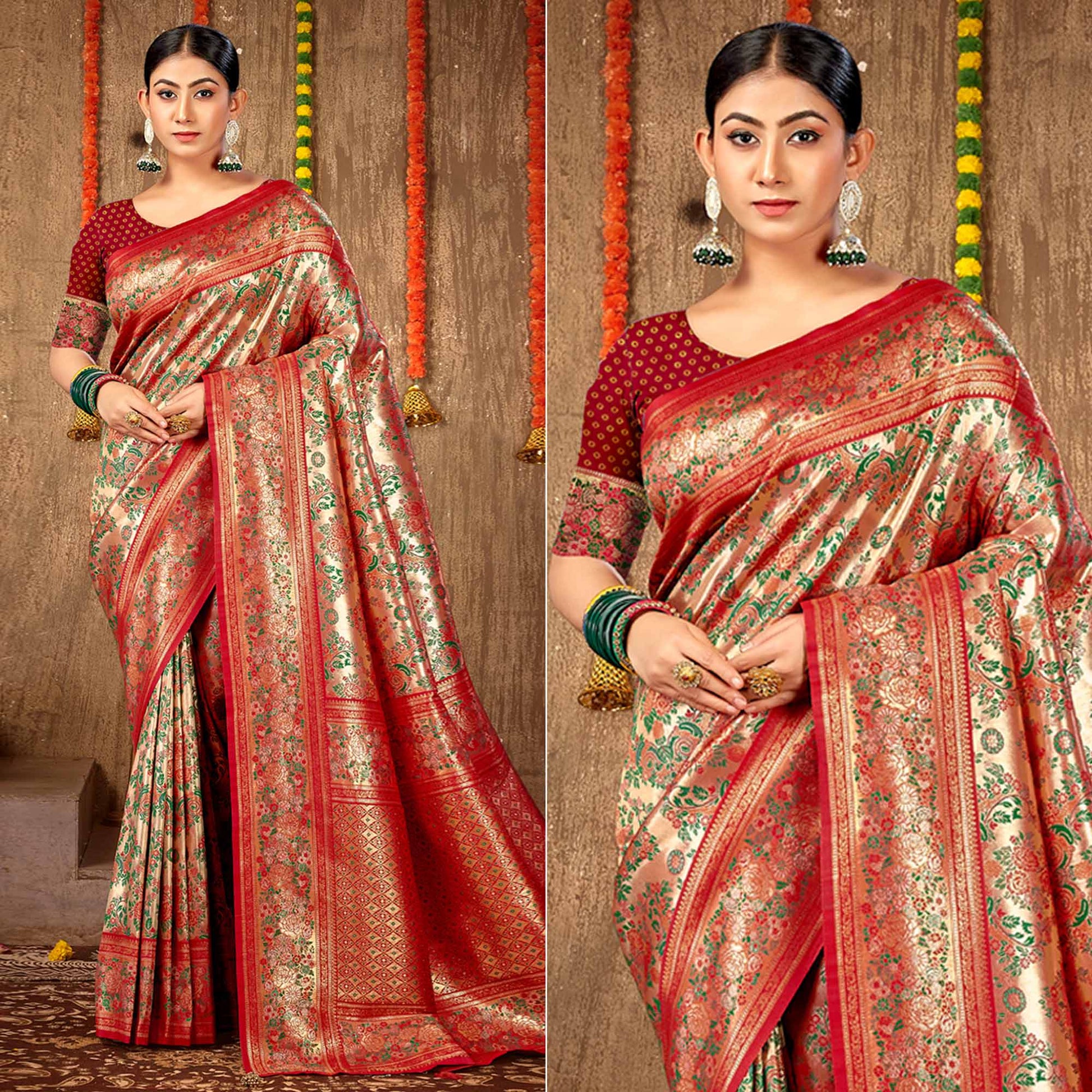 Maroon Floral Woven Banarasi Silk Saree