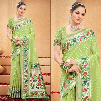 green-floral-woven-cotton-blend-saree-with-tassels-1