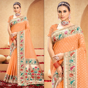 Light Orange Floral Woven Cotton Blend Saree With Tassels