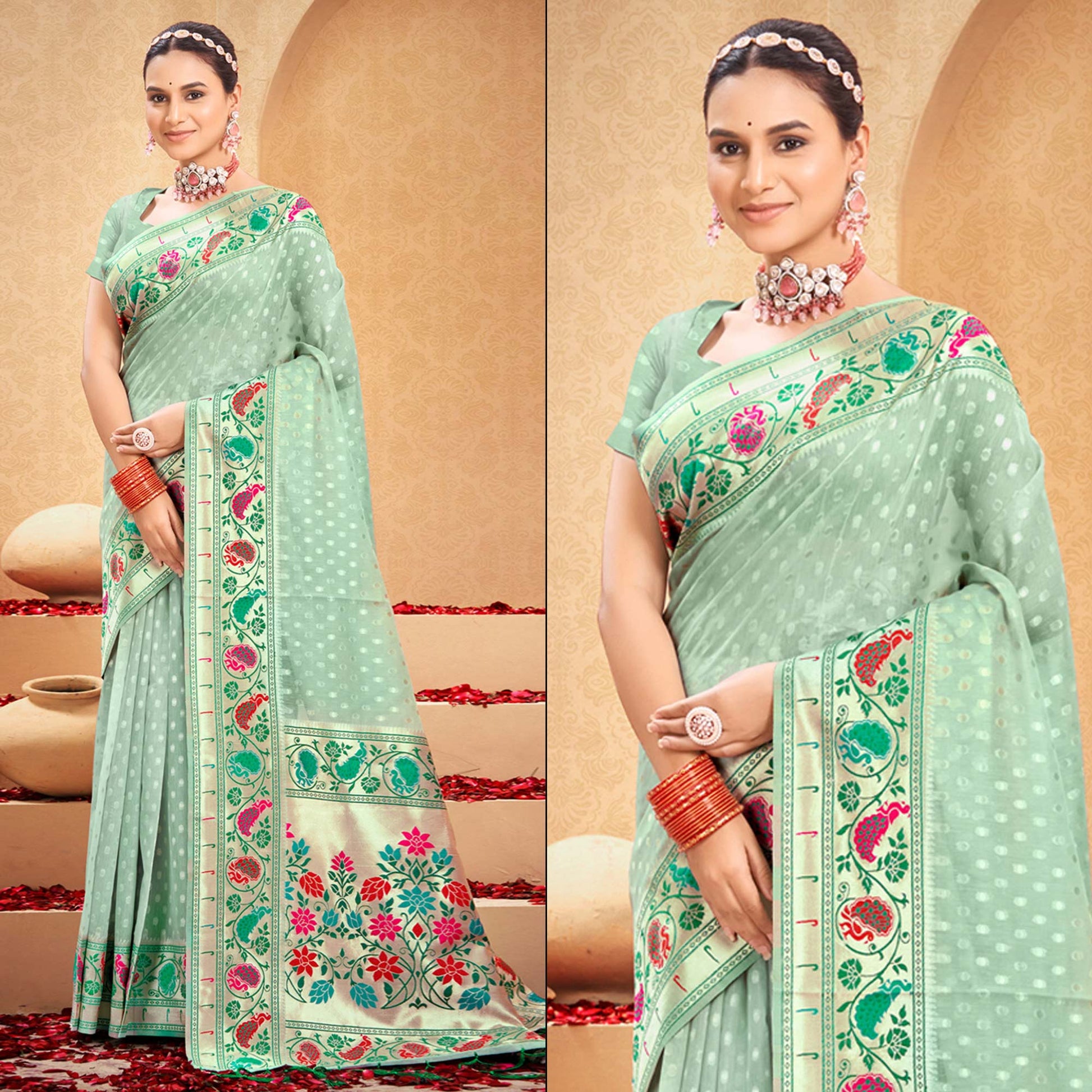 green-floral-woven-cotton-blend-saree-with-tassels