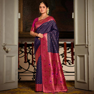 Blue Woven Banarasi Silk Saree With Tassels