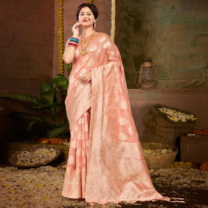 Light Peach Floral Woven Kota Doria Saree With Tassels