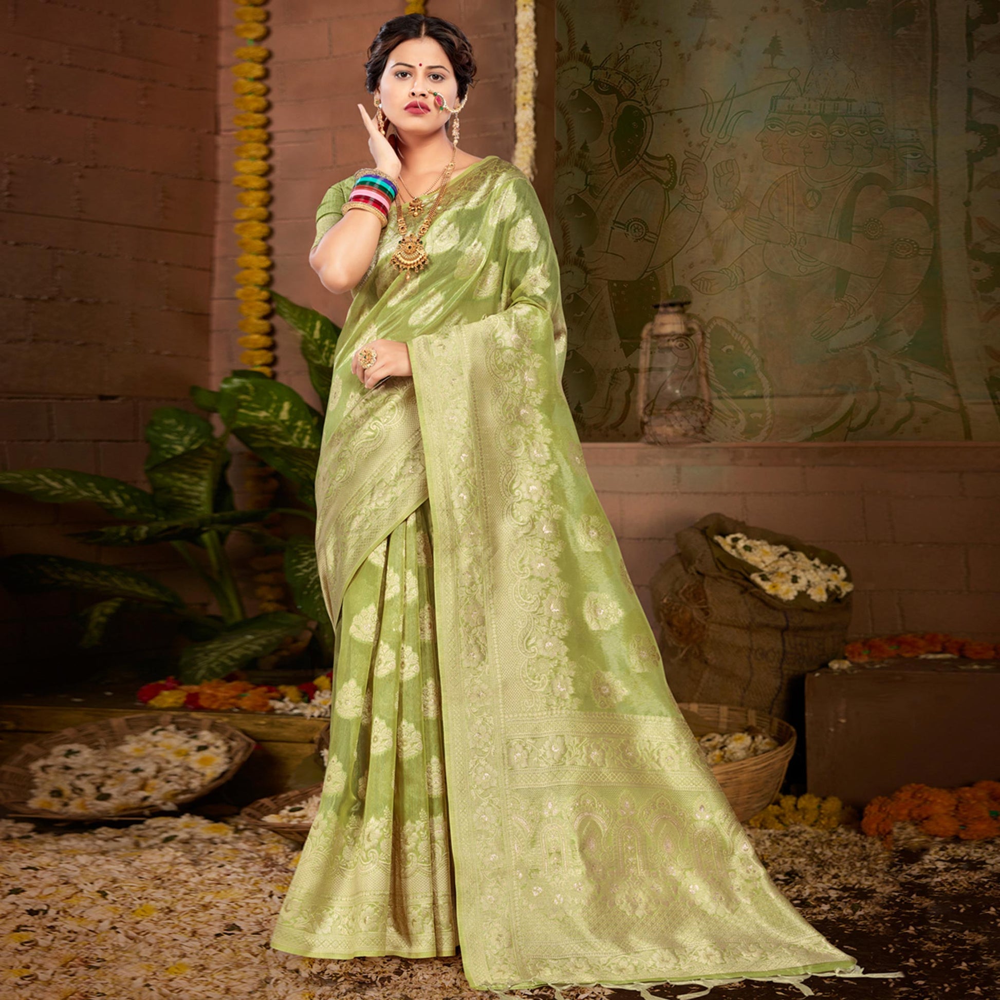 green-floral-woven-kota-doria-saree-with-tassels