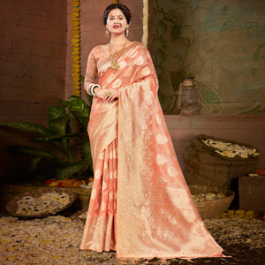 Dark Peach Floral Woven Kota Doria Saree With Tassels
