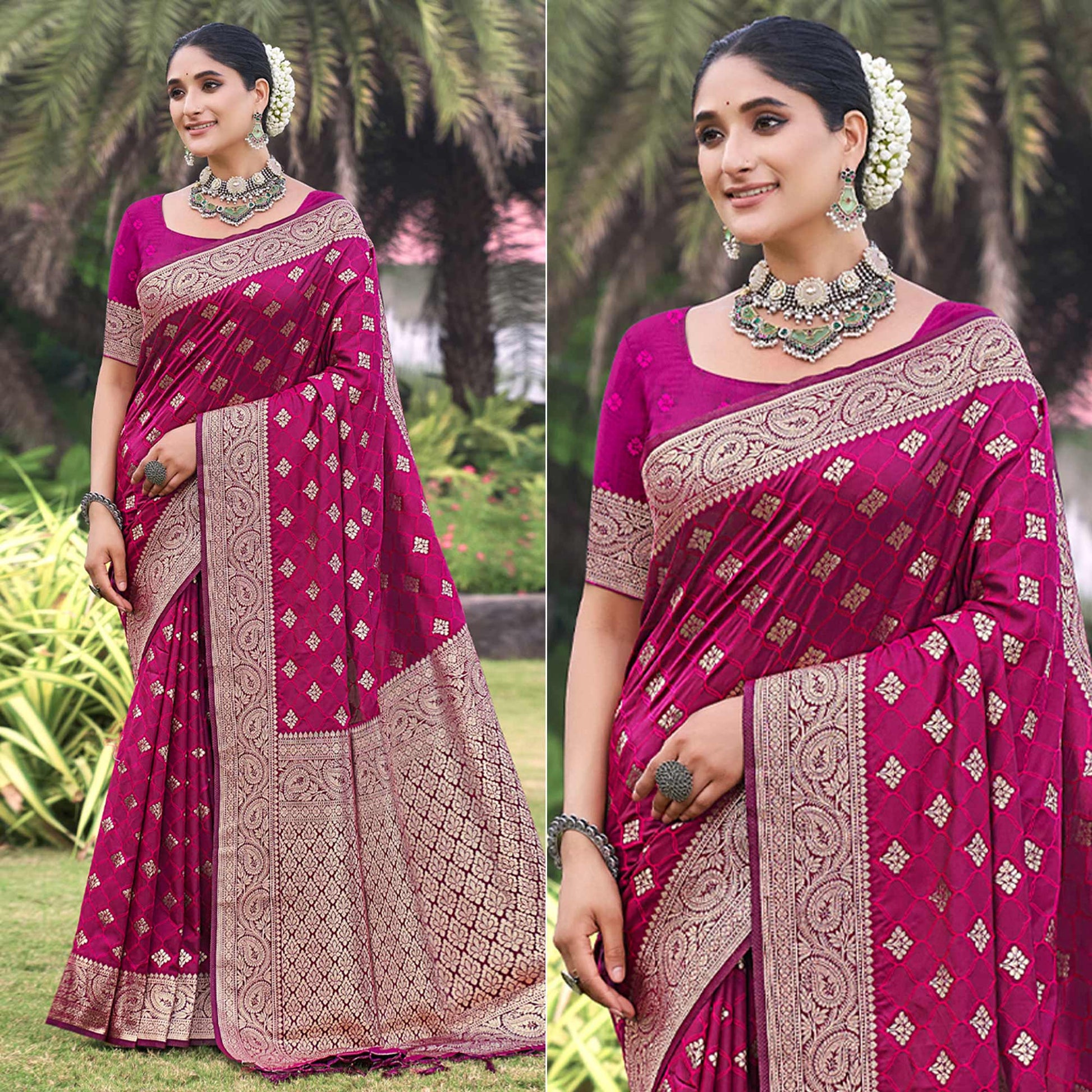 Magenta Floral Woven Kanjivaram Silk Saree With Tassels