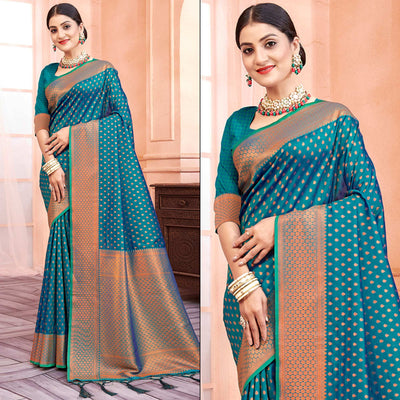 Blue Woven Banarasi Silk Saree With Tassels