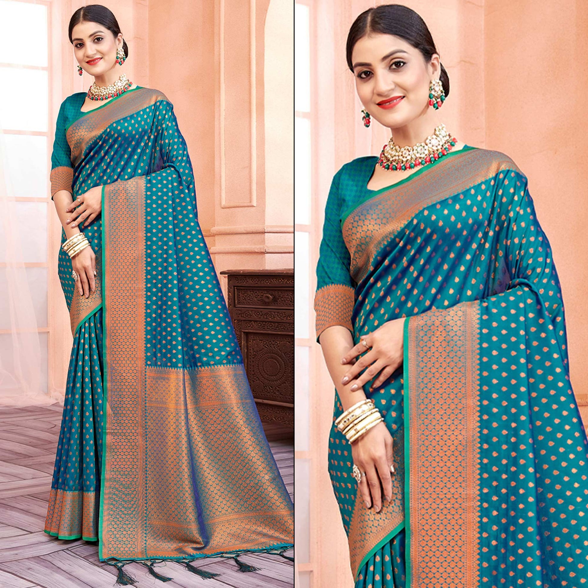 Blue Woven Banarasi Silk Saree With Tassels