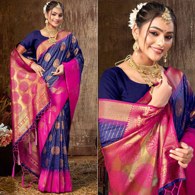 Blue Woven Banarasi Silk Saree With Tassels