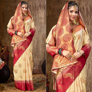 Cream Woven Banarasi Silk Saree With Tassels