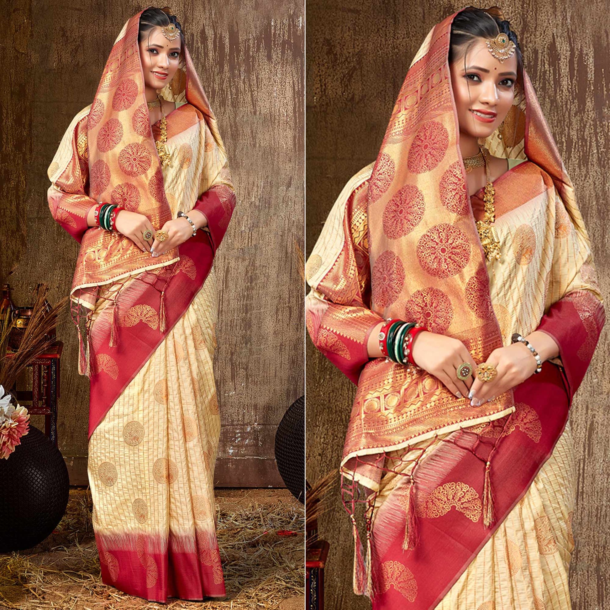 Cream Woven Banarasi Silk Saree With Tassels