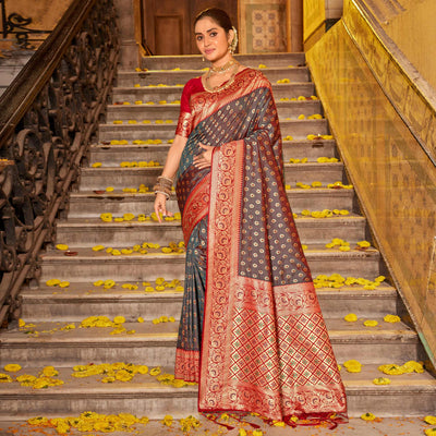 Grey Woven Banarasi Silk Saree With Tassels