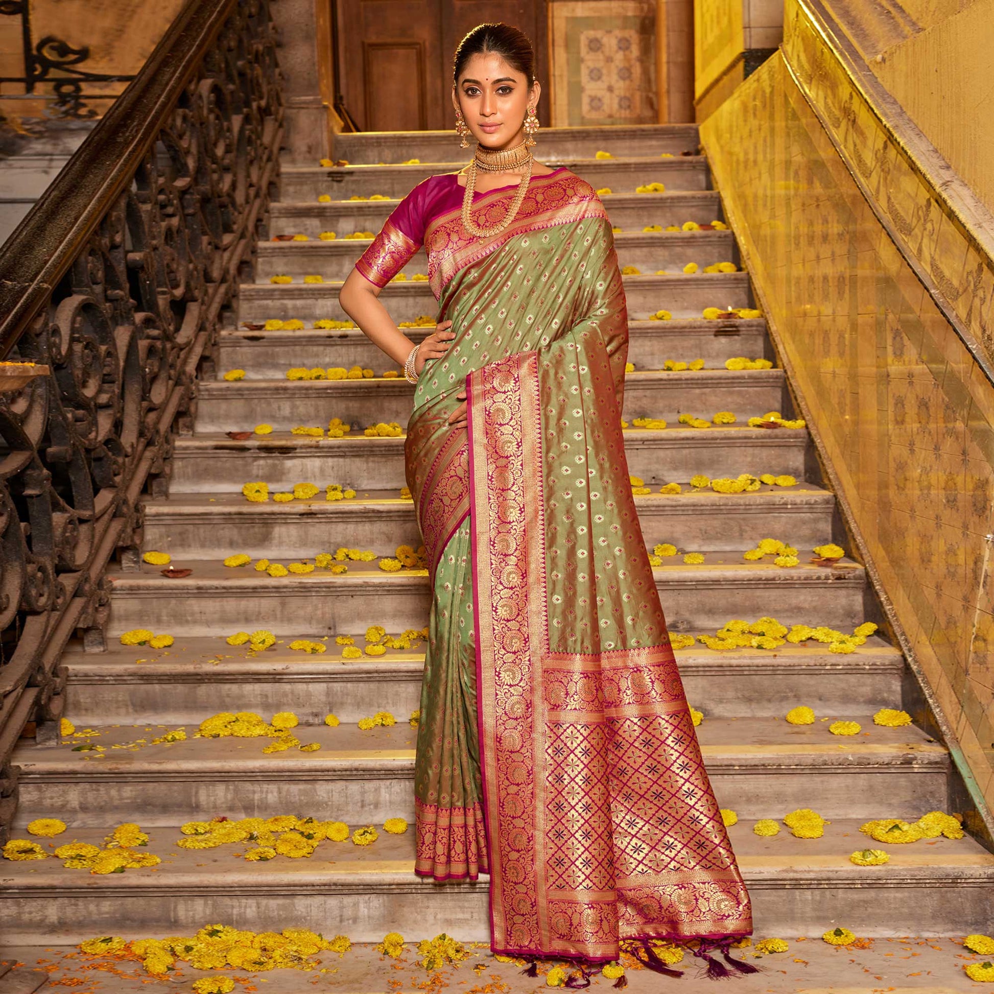 green-woven-banarasi-silk-saree-with-tassels-5