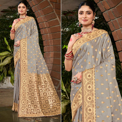 Grey Woven Satin Silk Saree With Tassels