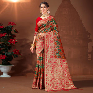 green-rust-woven-patola-banarasi-silk-saree-with-tassels