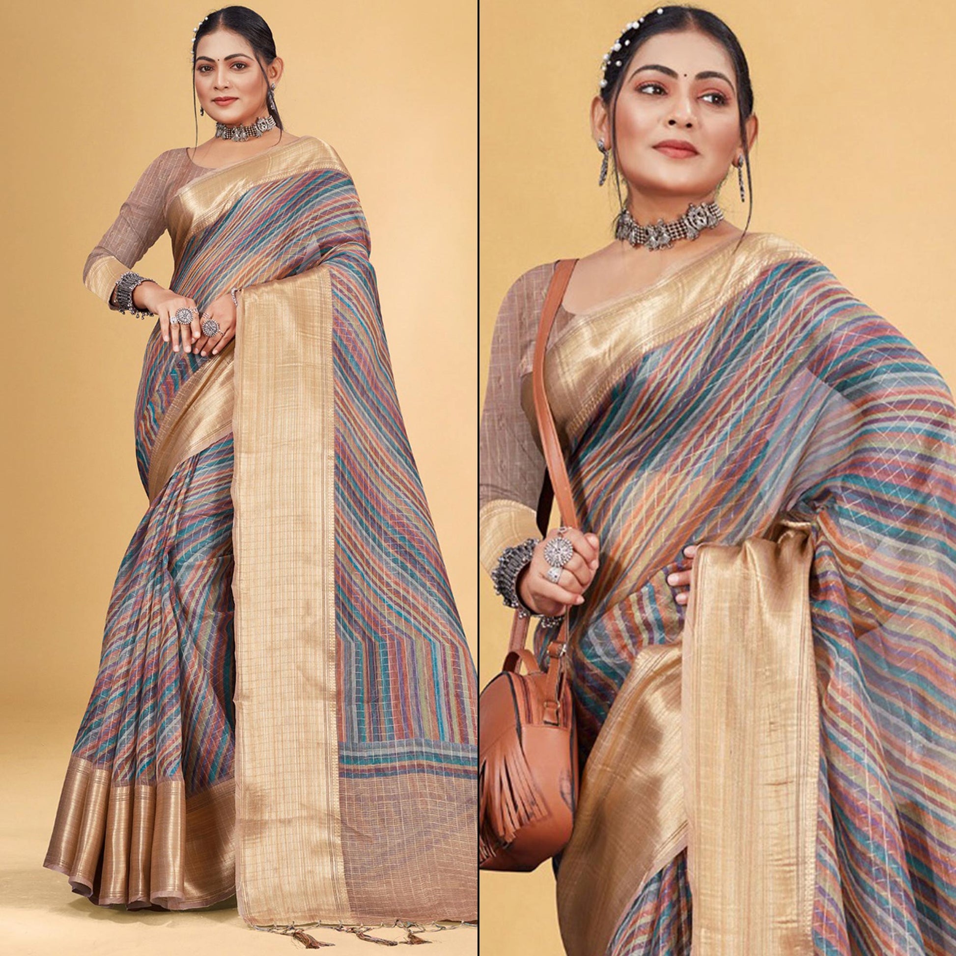 Multicolor Checks Woven Bhagalpuri Silk Saree With Tassels