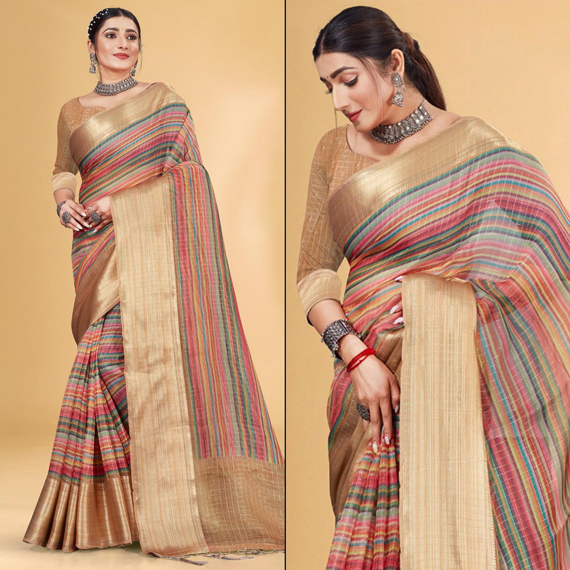 Multicolor Checks Woven Bhagalpuri Silk Saree With Tassels