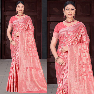 Gajari Pink Floral Woven Cotton Blend Saree