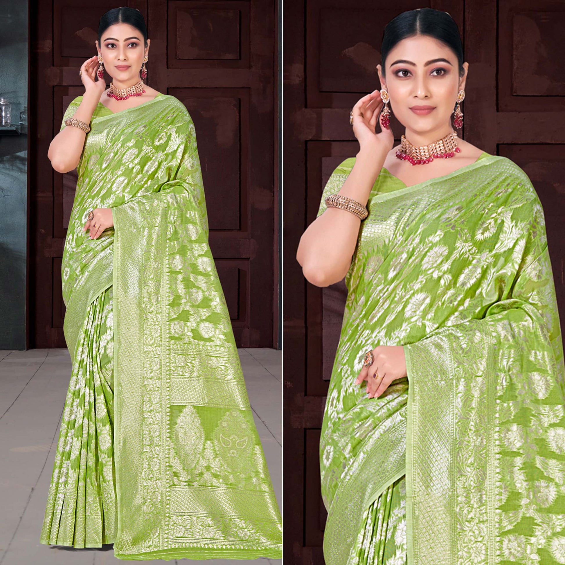 green-floral-woven-cotton-blend-saree-2