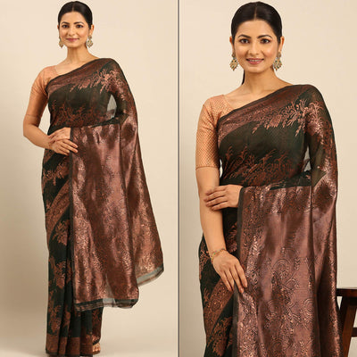 Bottle Green Floral Woven Cotton Silk Saree