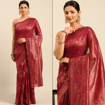 Magenta Floral Woven Cotton Silk Saree