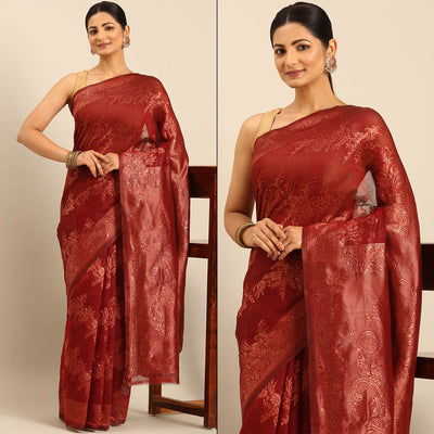 Maroon Floral Woven Cotton Silk Saree