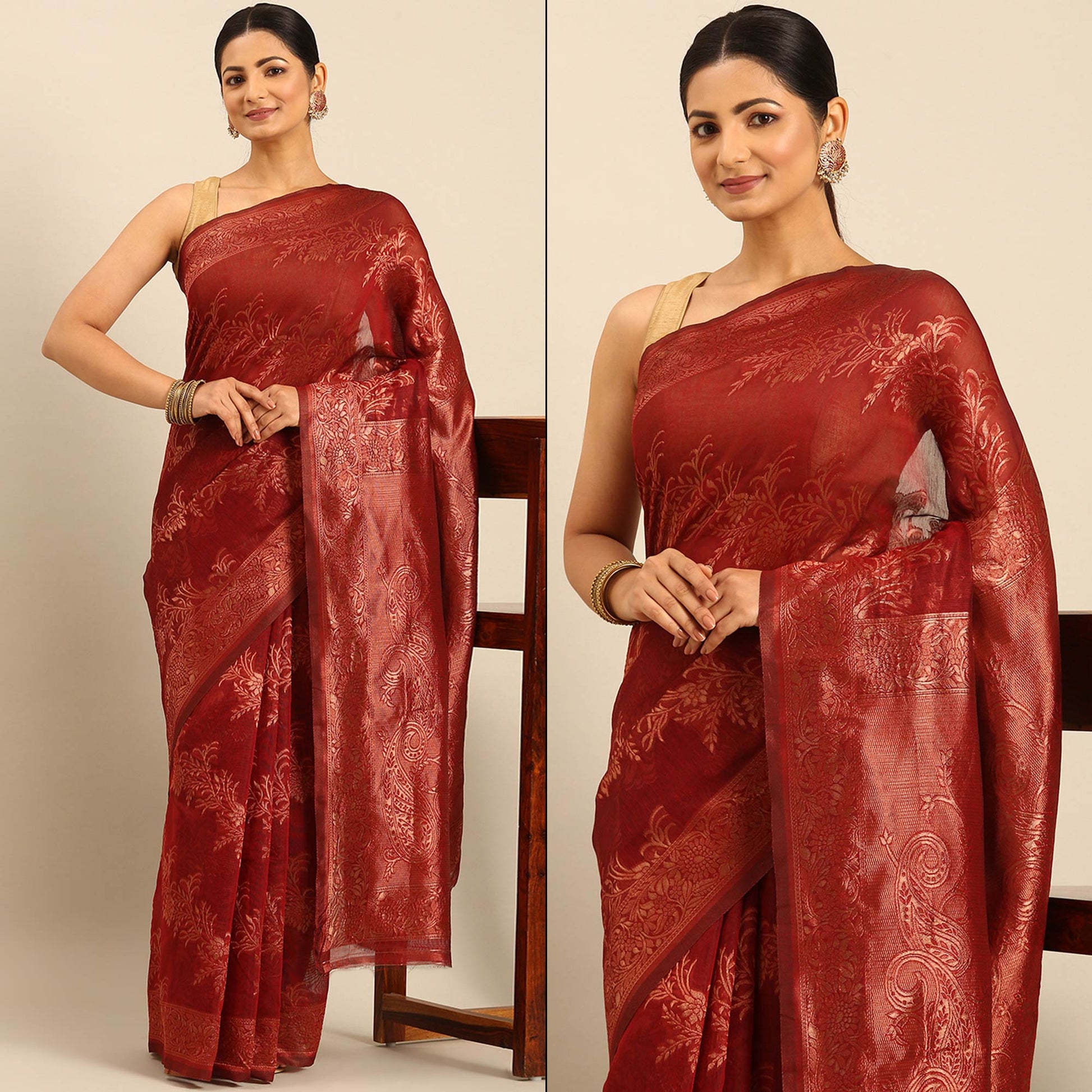 Maroon Floral Woven Cotton Silk Saree