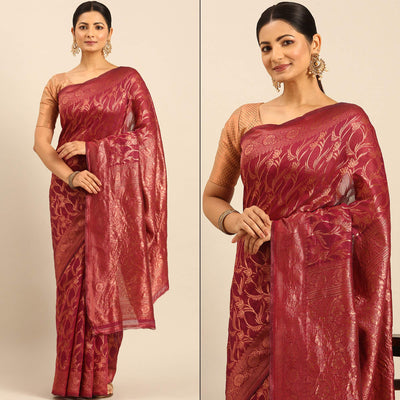 Magenta Floral Woven Cotton Silk Saree