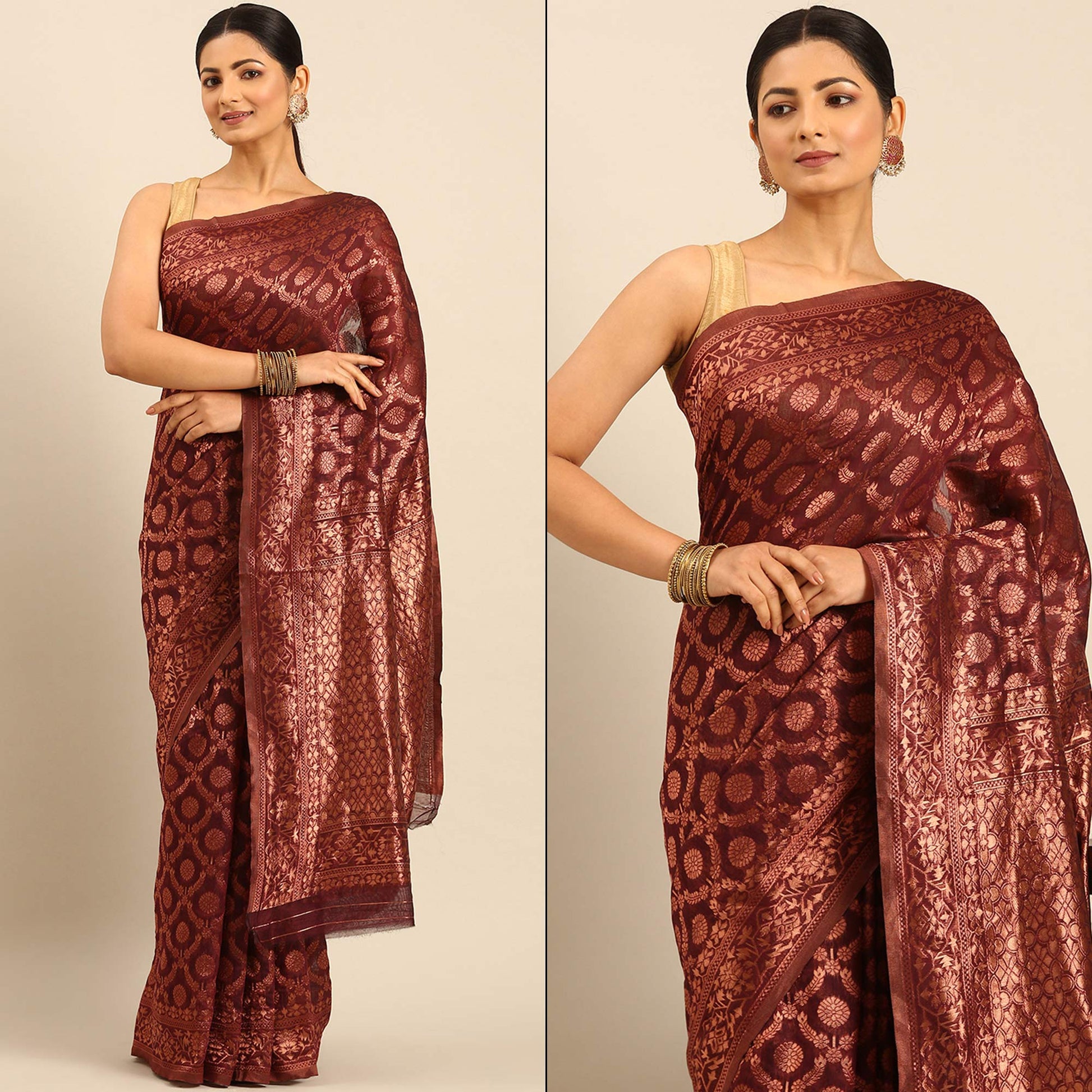Maroon Floral Woven Cotton Silk Saree