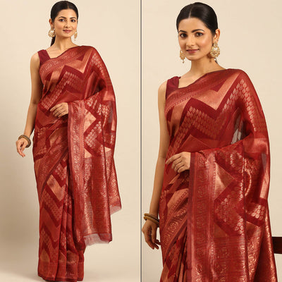 Maroon Floral Woven Cotton Silk Saree
