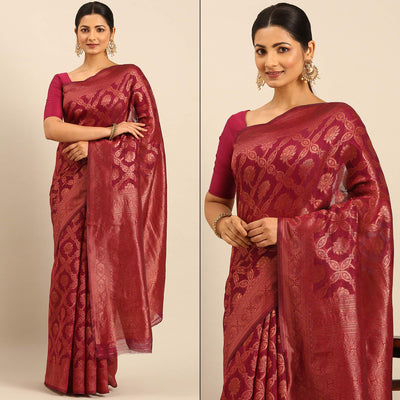 Magenta Floral Woven Cotton Silk Saree