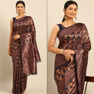 Dark Navy Blue Floral Woven Cotton Silk Saree