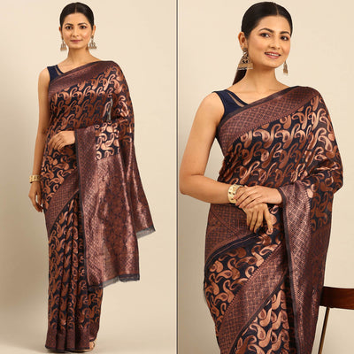 Dark Navy Blue Floral Woven Cotton Silk Saree